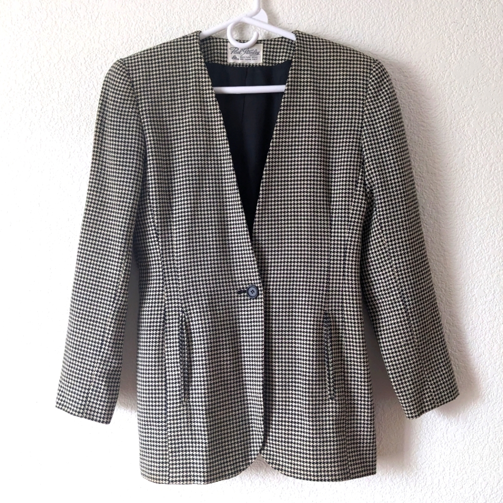 Vintage Paul Stanley 100% Wool Blazer - Women's Petite Size 4 - B/W Houndstooth